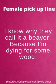 a pink poster with the words, female pick up line i know why they call it a beaver because i'm dying for some wood