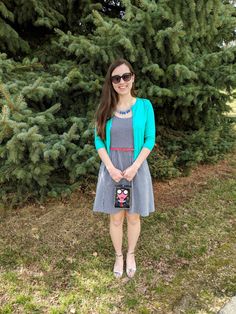 Classy Easter Outfits, Classy Easter, Silver Block Heels, Outfit Plan, Pinstripe Dress, Green Cardigan, Baby Chicks, Charming Charlie