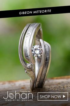 Meteorite Bridal Set with Diamond and Titanium Shadow Band Meteorite Engagement Ring, Tension Set Engagement Rings, Meteorite Rings, Nontraditional Engagement Rings, Wood Engagement Ring, Meteorite Wedding Band, Gibeon Meteorite, Meteorite Jewelry, Ring Matching