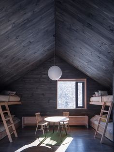 a room with two bunk beds and a table in the corner, next to a window