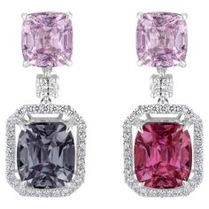 18K WHITE GOLD 61 ROUND DIAMONDS 0.70 CARATS 2 OVAL DIAMONDS 0.28 CARATS 4 BURMA SPINELS 21.40 CARATS Introducing our extraordinary Color Fusion Spinel Earrings, a celebration of bold and elegant color combinations. Crafted in 18k white gold, these earrings feature 61 round diamonds totaling 0.70 carats, 2 oval diamonds totaling 0.28 carats, and 4 Burma spinels totaling 21.40 carats. The spinels include a striking red, mesmerizing light gray, and delightful light pink, exuding vibrant energy. Ex Elegant Color Combinations, Luxury Multi-stone Fine Jewelry Earrings, Luxury Pink Earrings With Gemstone Accents, Luxury Black Spinel Jewelry, Spinel Earrings, Luxury Purple Multi-stone Earrings, Imvu Outfits Ideas Cute, Elegant Color, Fancy Makeup