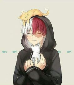 an anime character with red hair holding a cat on his shoulders and wearing a black hoodie