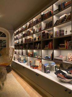 a room filled with lots of books on shelves next to a cat sitting in a chair