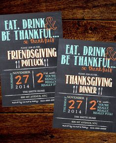 two chalkboard style thanksgiving dinner menus on a wooden table with orange and green lettering