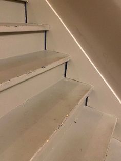 a cat is sitting on the bottom step of a set of stairs in an empty room