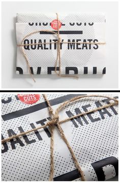 two packages wrapped in twine and tied up with jute string, one has a tag that says quality meats on it