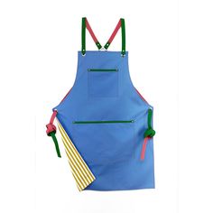 a blue apron with two ties hanging from it's front and side pockets on the back