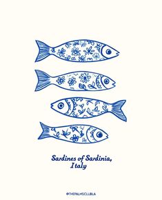 three blue fish with flowers on them and the words sardines of san antonio, i