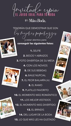 a flyer for a wedding party with photos and words in spanish on the back ground