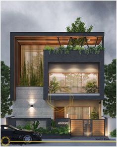 an architectural rendering of a modern house with plants growing on the roof and windows above it