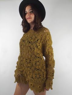 Vintage 90s Sheer Mustard Yellow Crochet Dress Crochet Long Sleeve Dress, Mustard Yellow Crochet, Levi Denim Jacket, Mustard Yellow Color, Yellow Crochet, Striped Turtleneck, Printed Sweater, Dress Clothes For Women, Crochet Dress