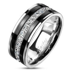 a black and white wedding band with channeled diamonds on the side, set in 18k white gold