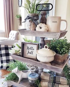 three tiered trays filled with plants and other items on top of a table