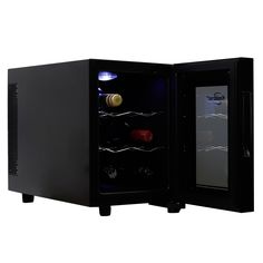 a black wine cooler with its door open