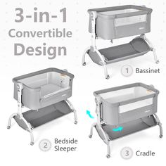 three different types of baby cribs with instructions