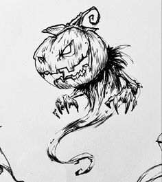 a black and white drawing of a halloween pumpkin flying through the air with its mouth open