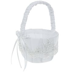 a white flower girl basket with ribbon and beading on the handle, decorated with flowers