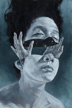 a painting of a man holding his face up to the sky with stars in it