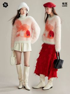 Zhaocao Xiaoli 招财小鲤 Lucky Carp New Chinese Style Autumn & Winter Fuzzy Sweater Loose Winter Outfits, Pull Aesthetic, Maximalist Clothes, Cute Orange Outfit, Graphic Sweater Outfit, Orange Outfit, Crazy Outfits, Fashion Unique, Textured Sweater