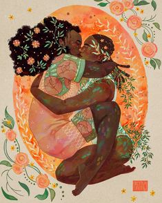 a painting of two women hugging in front of an orange circle with flowers on it