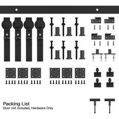 various hardware and tools are shown in this image, including the handles, latches, screws, and brackets