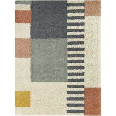 a multicolored rug with squares and stripes on the bottom, in various colors