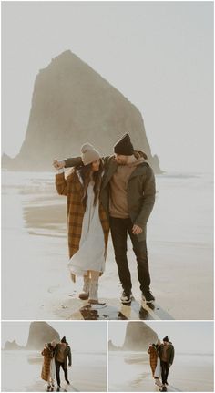 a man and woman standing on top of a beach next to the ocean