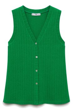 Fine yarns give this simply styled sweater-vest its light weight you'll love on its own in warmer weather in a layer-ready fit that's up for cooler days, too. Front button closure V-neck 74% cotton, 26% polyester Machine wash, line dry Imported Spring Pointelle Knit Sweater Vest, Spring Knit Sweater Vest, Pointelle Knit Sweater Vest For Spring, Spring Green Knit Vest, Casual Textured Knit Sweater Vest For Spring, Casual Pointelle Knit Vest For Spring, Spring Cotton Vest With Textured Knit, Chic Pointelle Knit Sweater Vest For Spring, Casual Summer Sweater Vest