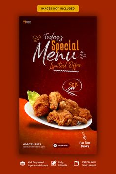 a flyer for a special menu with fried food