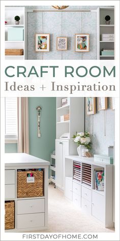 Collage of craft room photos showing craft room furniture, cube storage, and wall decor. Text overlay reads "Craft Room Ideas + Inspiration" Joanna Gaines Craft Room, Office Scrapbook Room, Study/craft Room Ideas, Mint Craft Room, Craft Room Makeover Before After, Art Room Makeover Ideas, Craft Storage Armoire, Organize Cricut Craft Room, Silhouette Craft Room Ideas