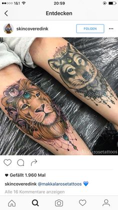 two people with tattoos on their legs, one has a lion and the other is a tiger