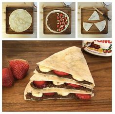 four pictures show different types of desserts on cutting boards, including strawberries and chocolate