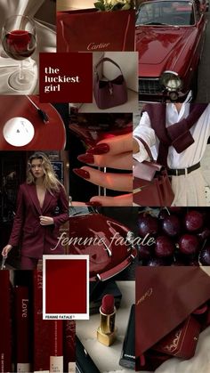 a collage of red and white items including a woman in a suit