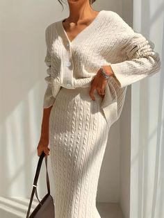 Two Piece Sweater Skirt Set, Knit Two Piece Set, Sweater Skirt Set, Knitted Suit, Cable Knit Cardigan, Body Con Skirt, Knit Sweater Cardigan, Skirt Suit, Flare Skirt