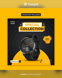 a black and yellow advertisement with a watch on it's front cover, which reads special collection 50 % off