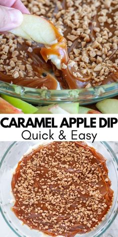 caramel apple dip in a glass bowl with apples and pecans