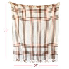 a white and brown checkered blanket with fringes on the bottom, measurements for each piece