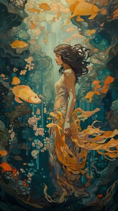 a painting of a woman standing in the water surrounded by goldfish and other fish