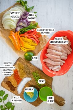 ingredients to make chicken fajita laid out on a wooden cutting board and labeled