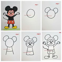 four different drawings of mickey mouse