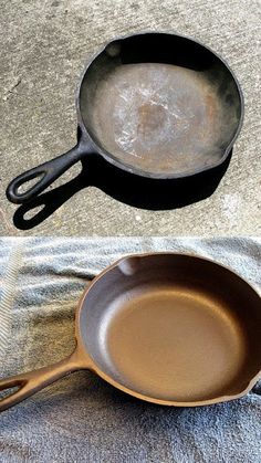 an old cast iron skillet is left on the ground next to a frying pan