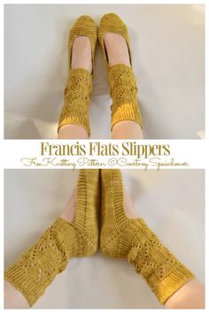 two pairs of yellow knitted slippers with text overlay that reads, frances flats slippers