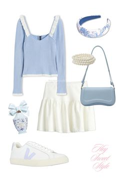 light blue ruffle trim top, white linen skirt, + veja sneakers 12 spring outfit ideas ౨ৎ White Linen Skirt, Ruffle Trim Top