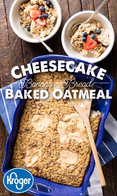 two bowls of baked oatmeal on top of a blue dish with spoons