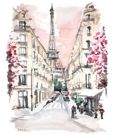 watercolor painting of the eiffel tower in paris, france with people walking down the street