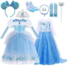 PRICES MAY VARY. The princess dresses up for girls packing included: 2pcs blue princess dress, 1 pair of blue crystal decoration glass shoes, 1pc princess tiara crown, 1pc blue mouse ears headbands, 1pc blue necklace, 1pair of earrings, 1pair of princess gloves, 1pc wand, 2pcs removable sleeve cover. Princess dresses Role Play: ERGO QUEEN toddler princess dress up clothes for girls will make your kids be focus in crowd and make your little girls dream come to life, the princess dresses up clothe Princess Dresses For Girls, Princess Gloves, Blue Princess Dress, Peach Clothes, Toddler Princess Dress, Blue Mouse, Halloween Party Dress, Outfit Birthday, Glass Shoes