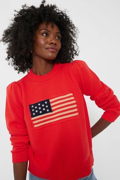 Red Cropped Puff Sleeve Americana Sweater | Tuckernuck Usa Sweater, Blanket Sweater, Hem Sweater, Plus And Minus, Puff Long Sleeves, Apple Picking, Cotton Pullover, Sweater Sale, Merino Wool Sweater