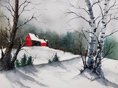 a painting of a red barn in the snow