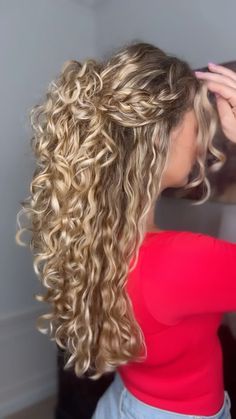 Candace Stuller | Half Up Hairstyle with Braids Save to try later! #hairblogger #hairtutorial #curls #curlyhairstyles | Instagram Hair Styles Curls And Braids, Braid And Curls Hairstyles Half Up, Natural Curly Hair Half Up Half Down Wedding, Hairstyles For Curly Hair Fancy, Beautiful Hairstyles With Braids, Curly White Girl Hair Hairstyles, Wedding Curly Hairstyles Half Up, Hair Ideas For Hoco Down, Curly Updo Half Up Half Down