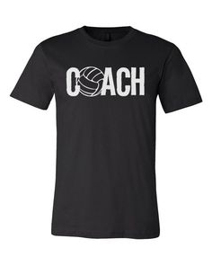 a black t - shirt with the word coach in white letters and a volleyball ball on it